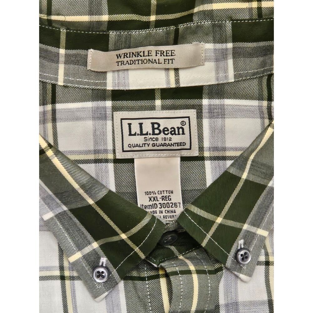LL Bean Long Sleeve Wrinkle Free Green White Tan Plaid Button Down Men's XXL